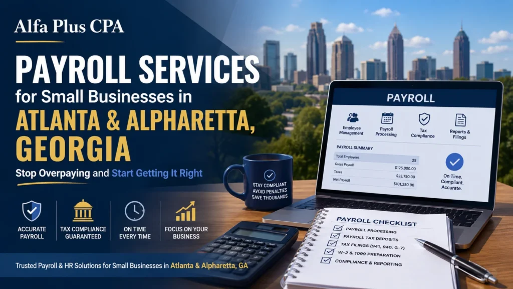 Payroll services for small businesses in Atlanta and Alpharetta Georgia with tax compliance, HR payroll support, and CPA accounting solutions by Alfa Plus CPA