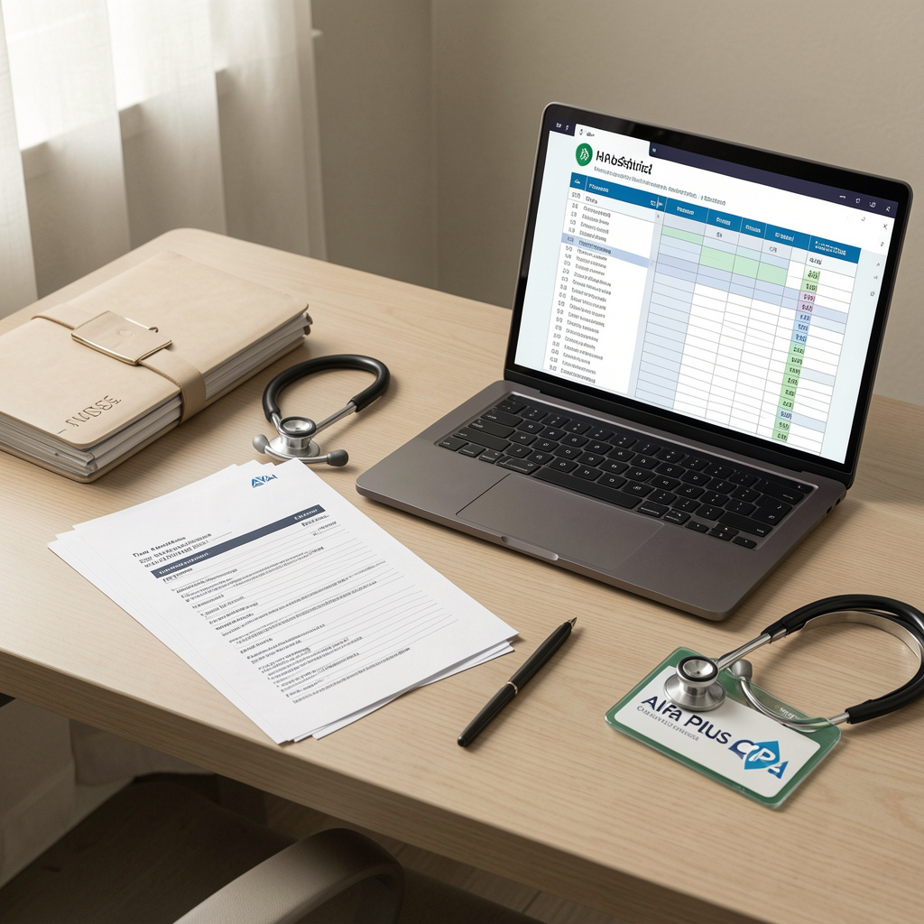 Tax planning for health sector business with financial reports, laptop dashboard and medical tools by Alfa Plus CPA
