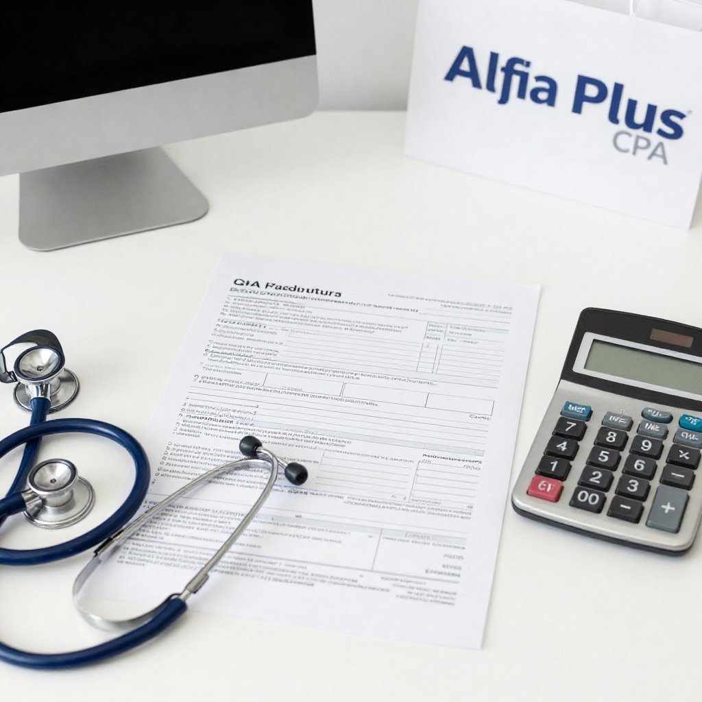 Healthcare tax planning documents with calculator and stethoscope representing financial strategy for medical businesses by Alfa Plus CPA