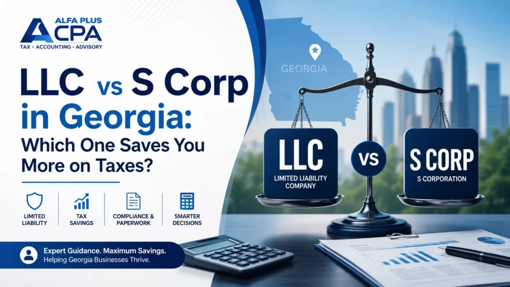 LLC vs S Corp in Georgia comparison featuring Alfa Plus CPA tax advisors helping Georgia business owners choose the right business structure