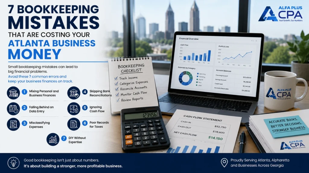 Business owner reviewing bookkeeping checklist and cash flow reports to avoid common bookkeeping mistakes for Atlanta small businesses